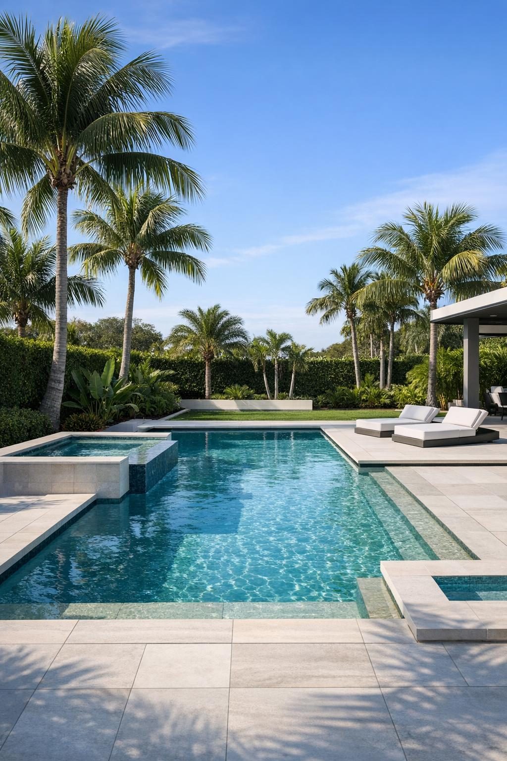 a completed pool with palm trees